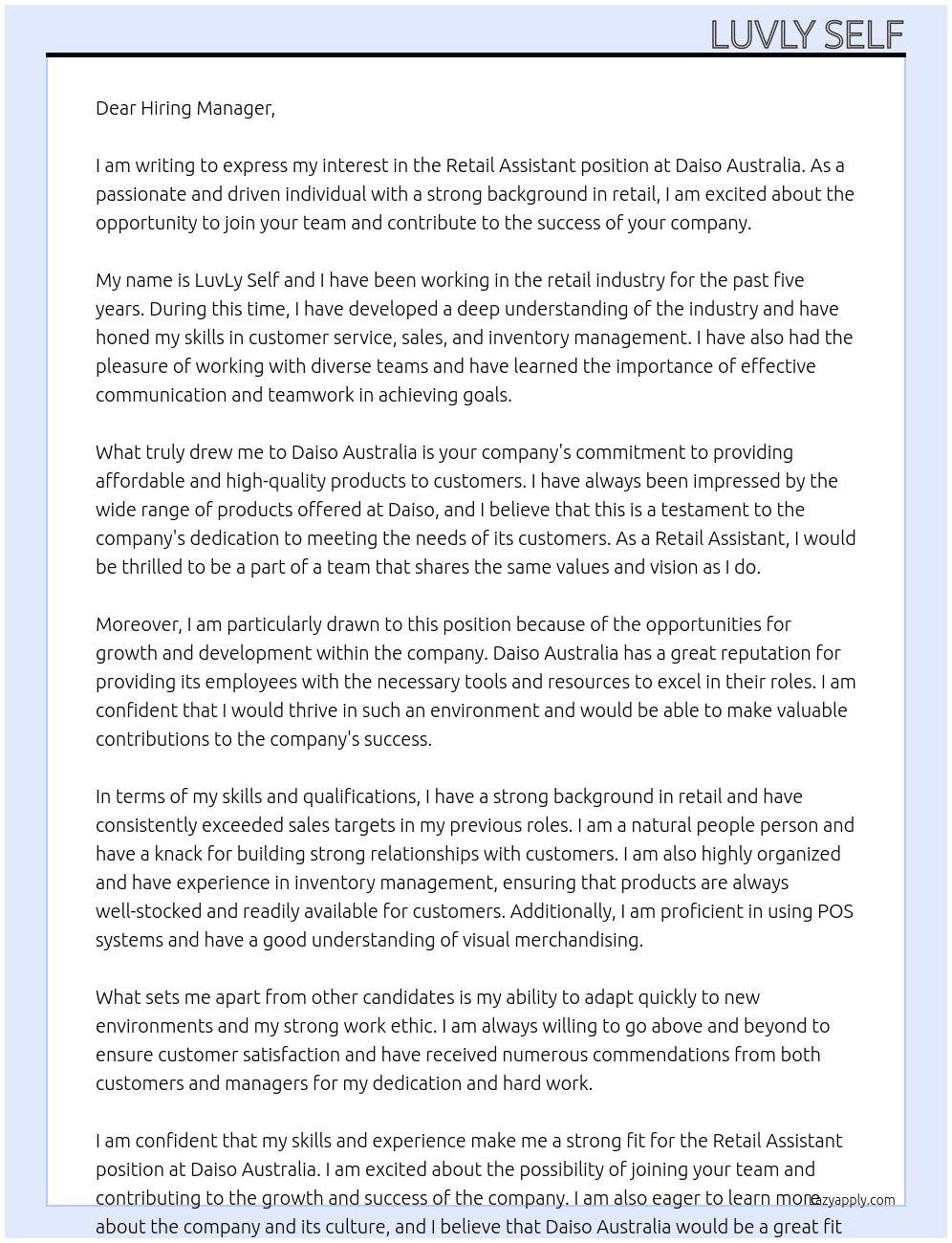 Retail Assistant At Daiso Australia Cover Letter