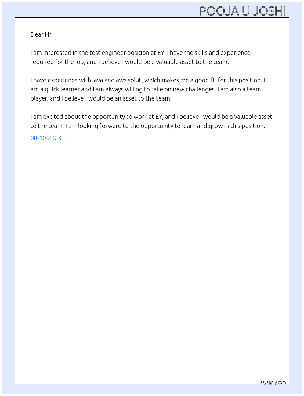 test engineer At EY Cover Letter