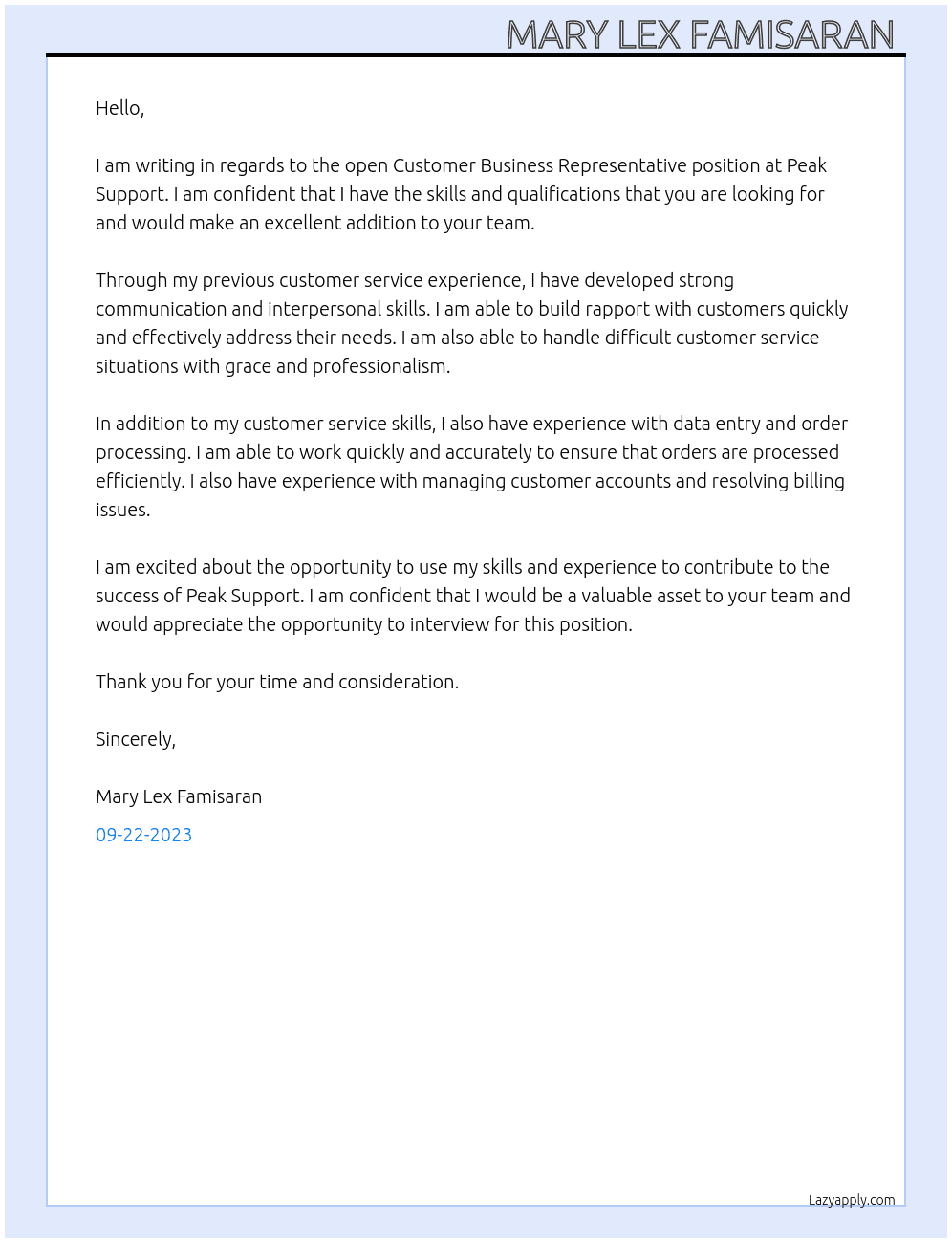 Customer Business Representative  At Peak Support Cover Letter