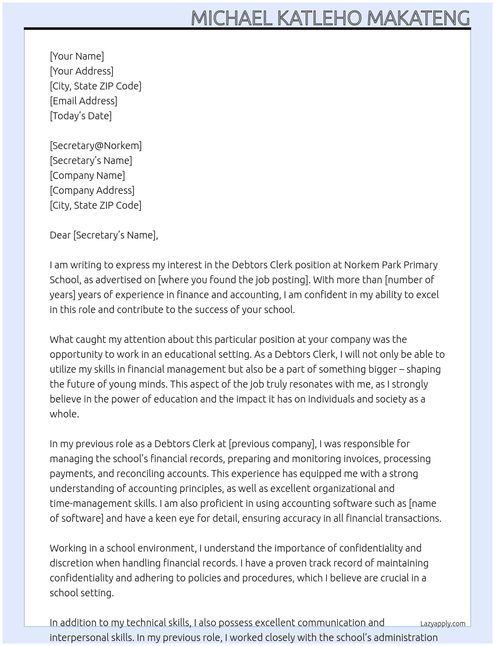 Debtors Clerk At Norkem Park Primary School  Cover Letter