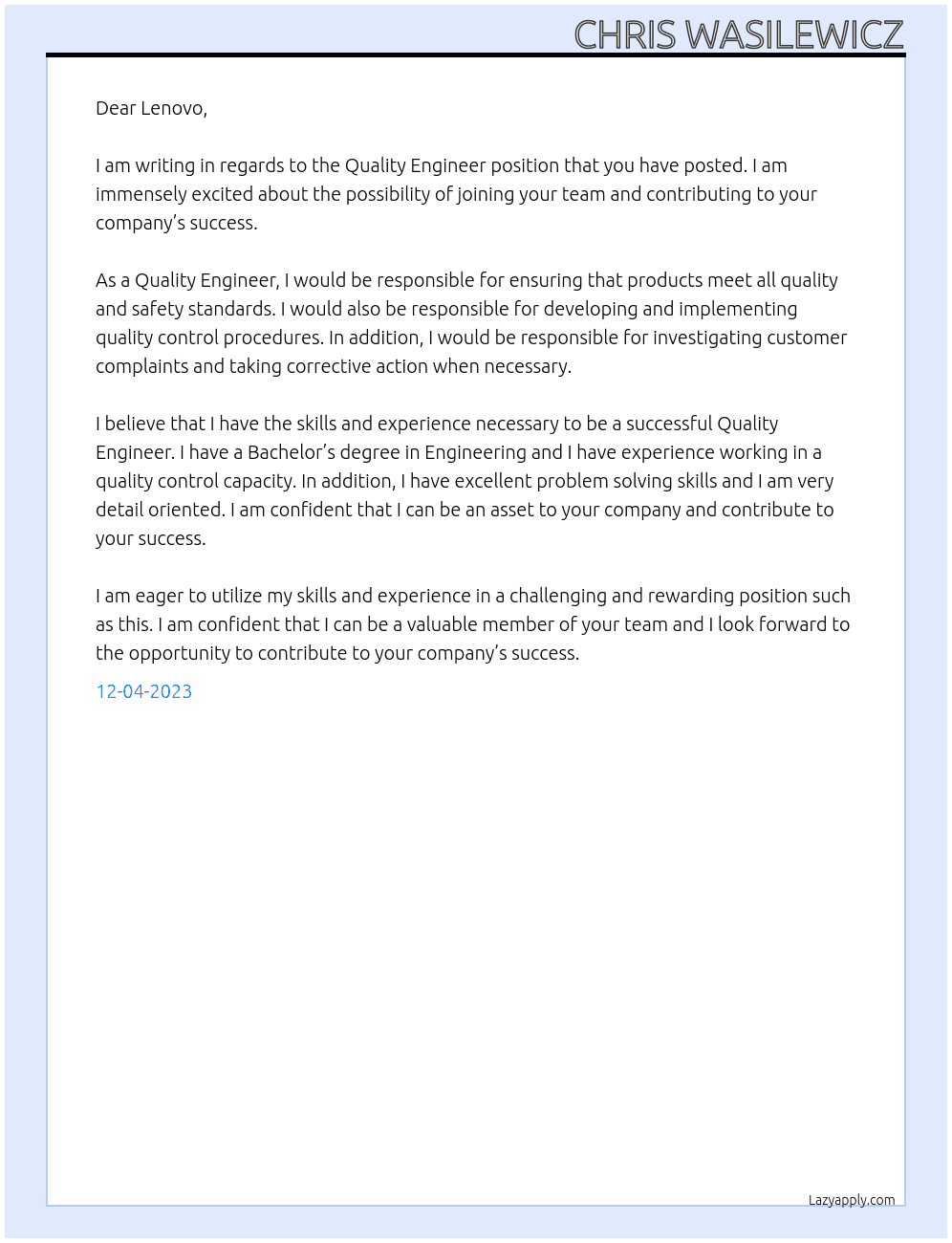 Quality Engineer At Lenovo Cover Letter