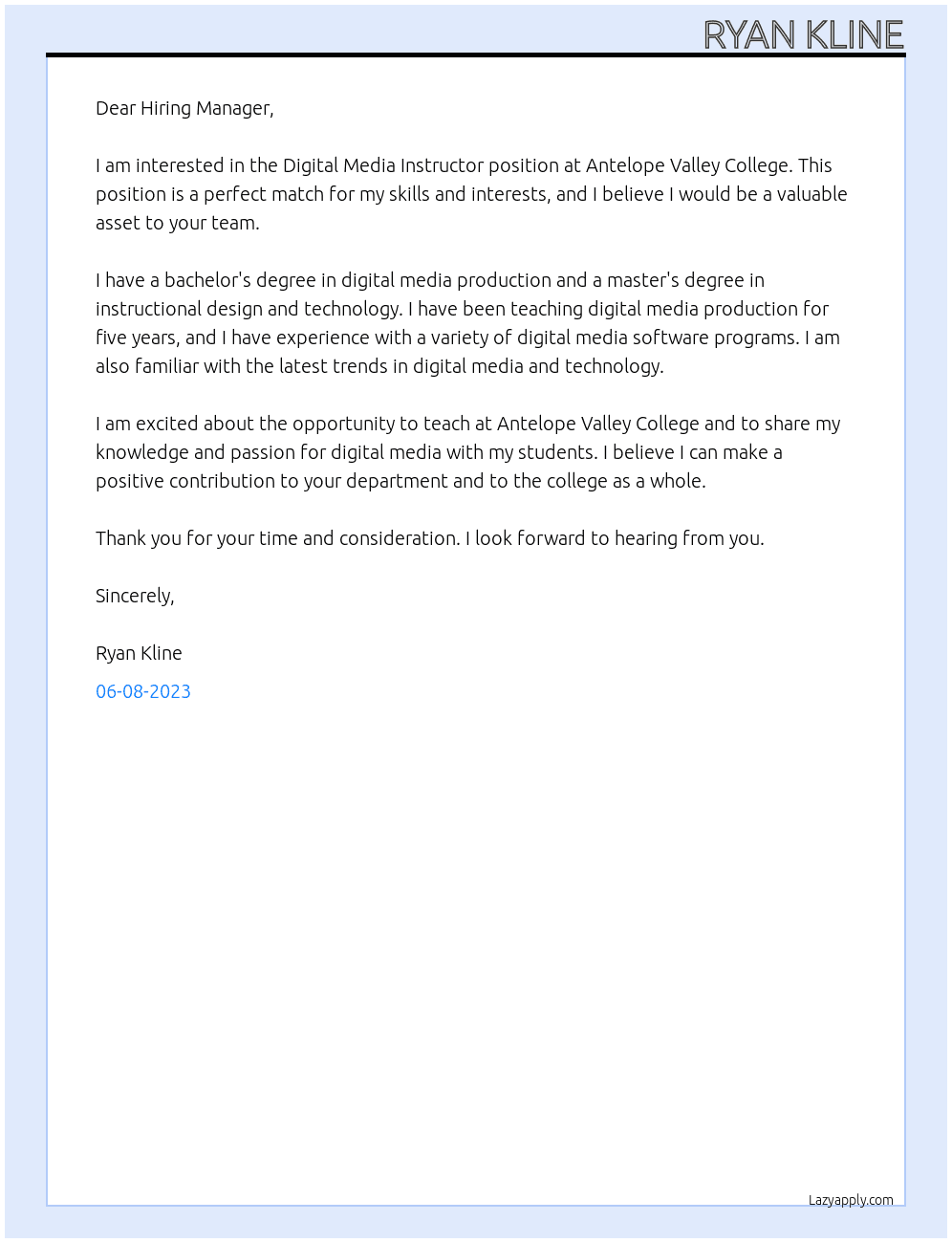 Digital Media Intructor At Antelope Valley College Cover Letter