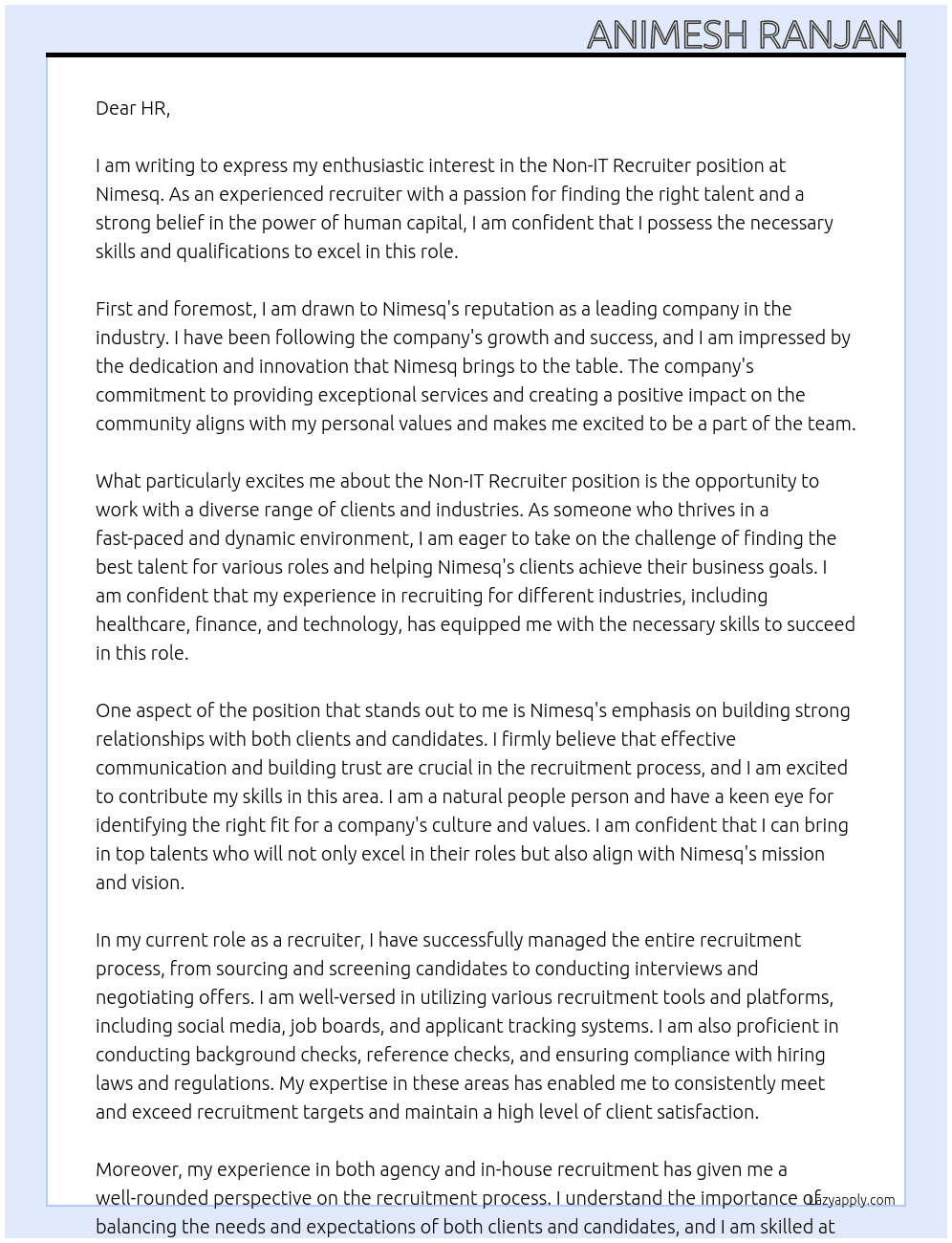 Non-IT recruiter  At Nimesq Cover Letter