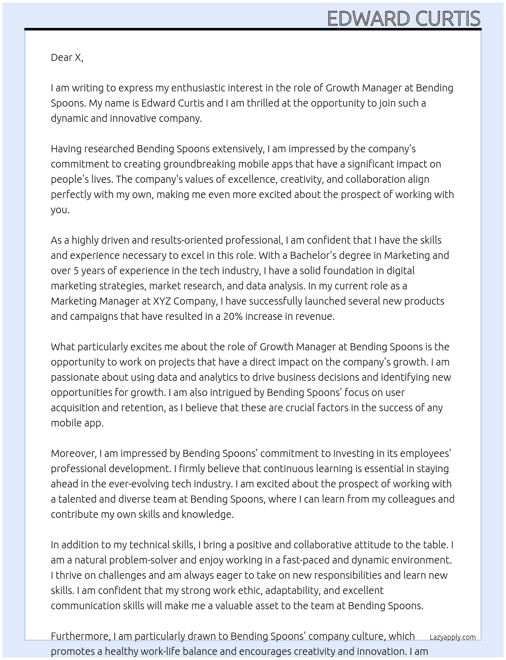 growth manager At Bending spoons Cover Letter