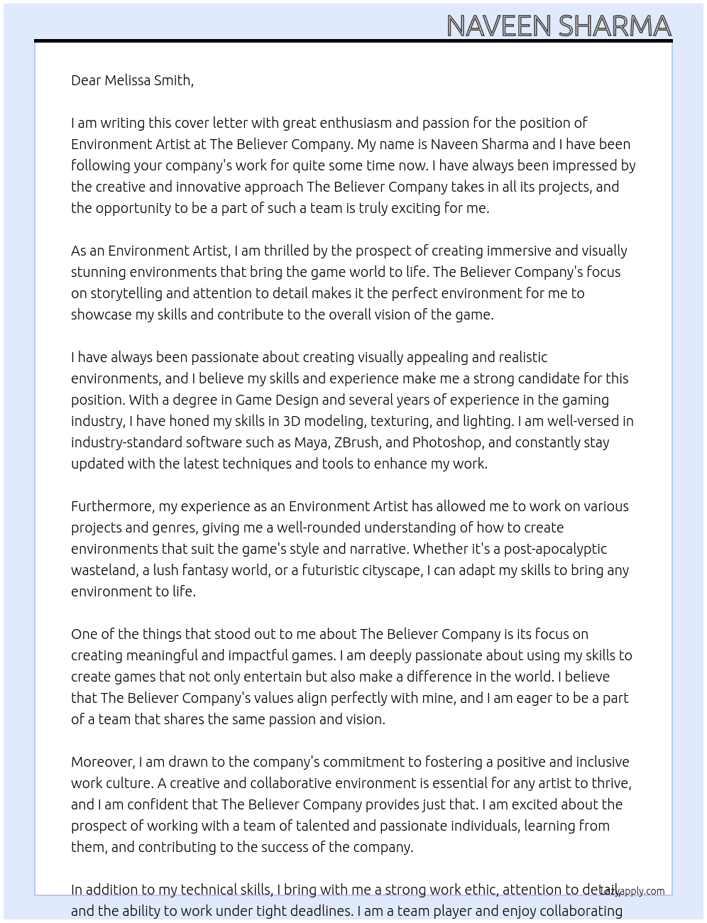 Environment Artist At The Believer Company Cover Letter