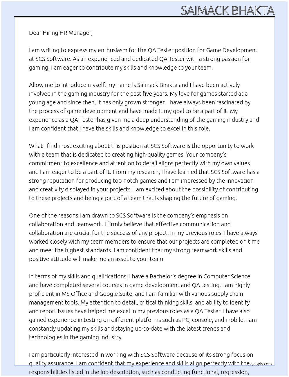 Cover letter for qa tester for game development - LazyApply