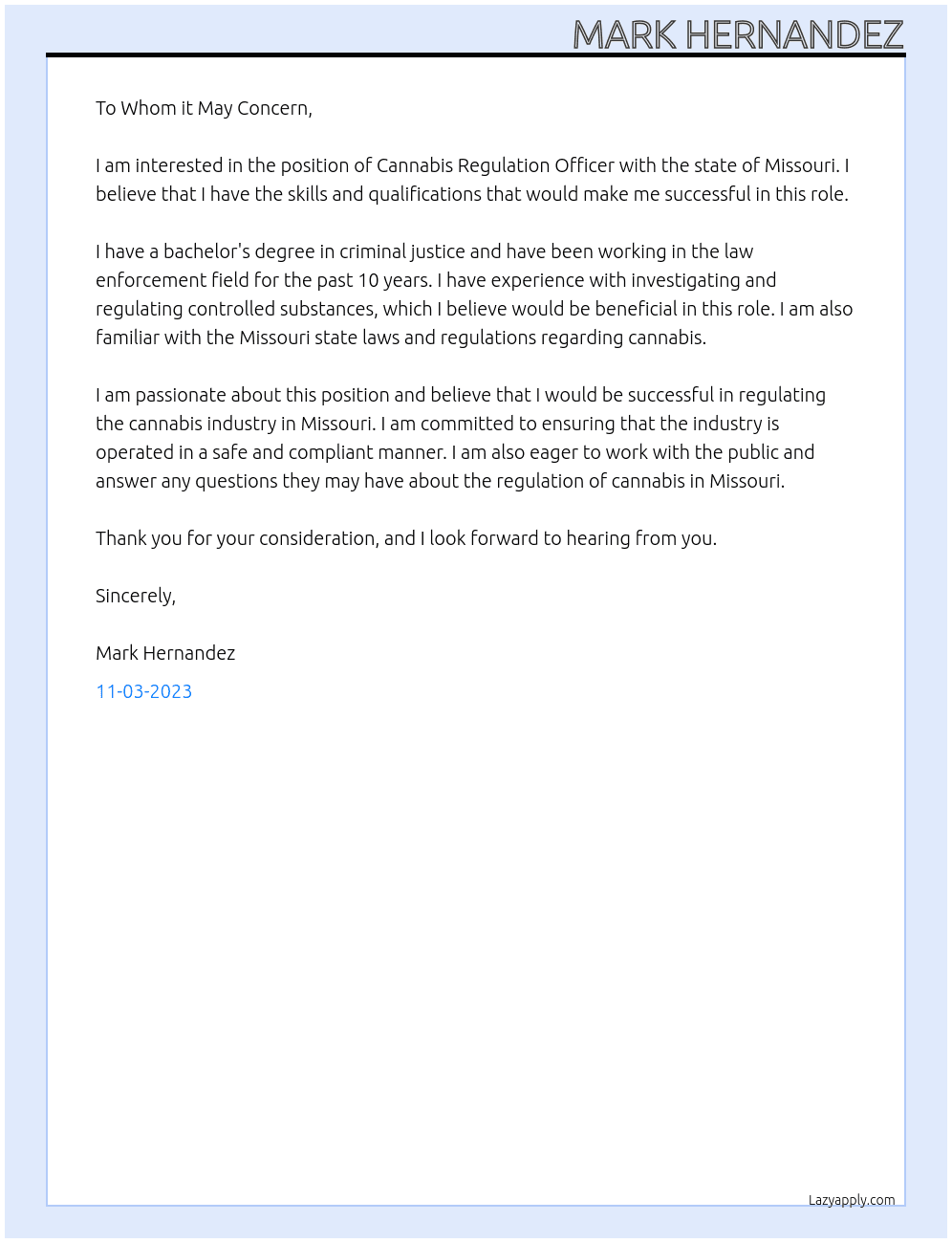 Cannabis regulation officer At Missouri State Cover Letter