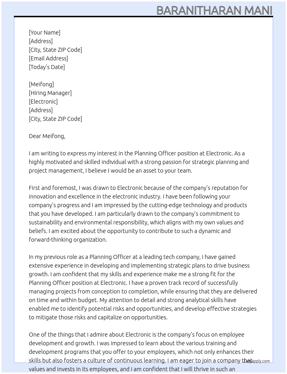 Planning officer  At Electronic  Cover Letter