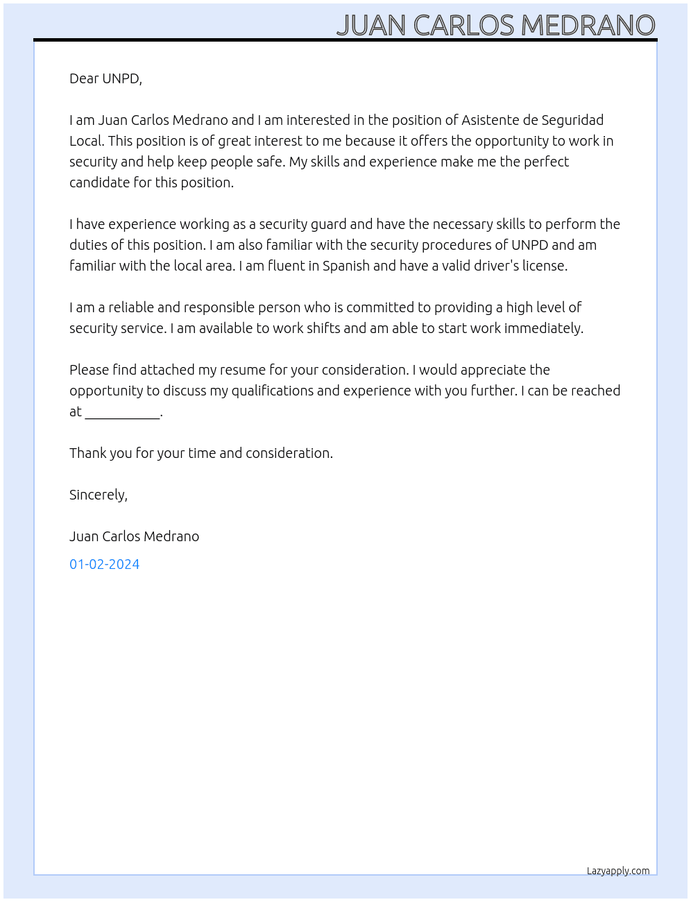 Asistente de Seguridad Local At UNPD Cover Letter