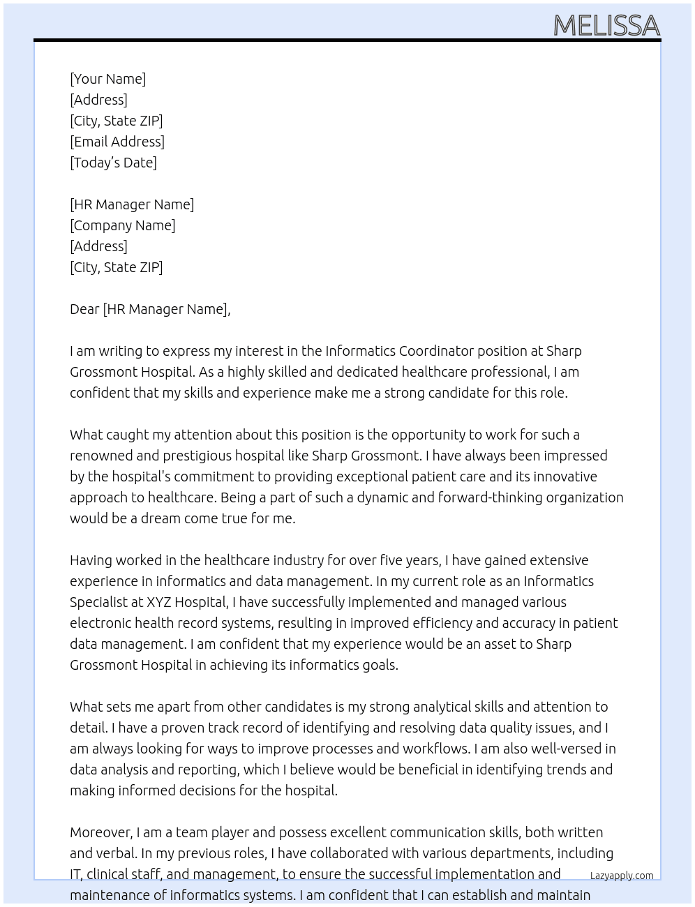 Informatics coordinator  At Sharp Grossmont Hospital Cover Letter