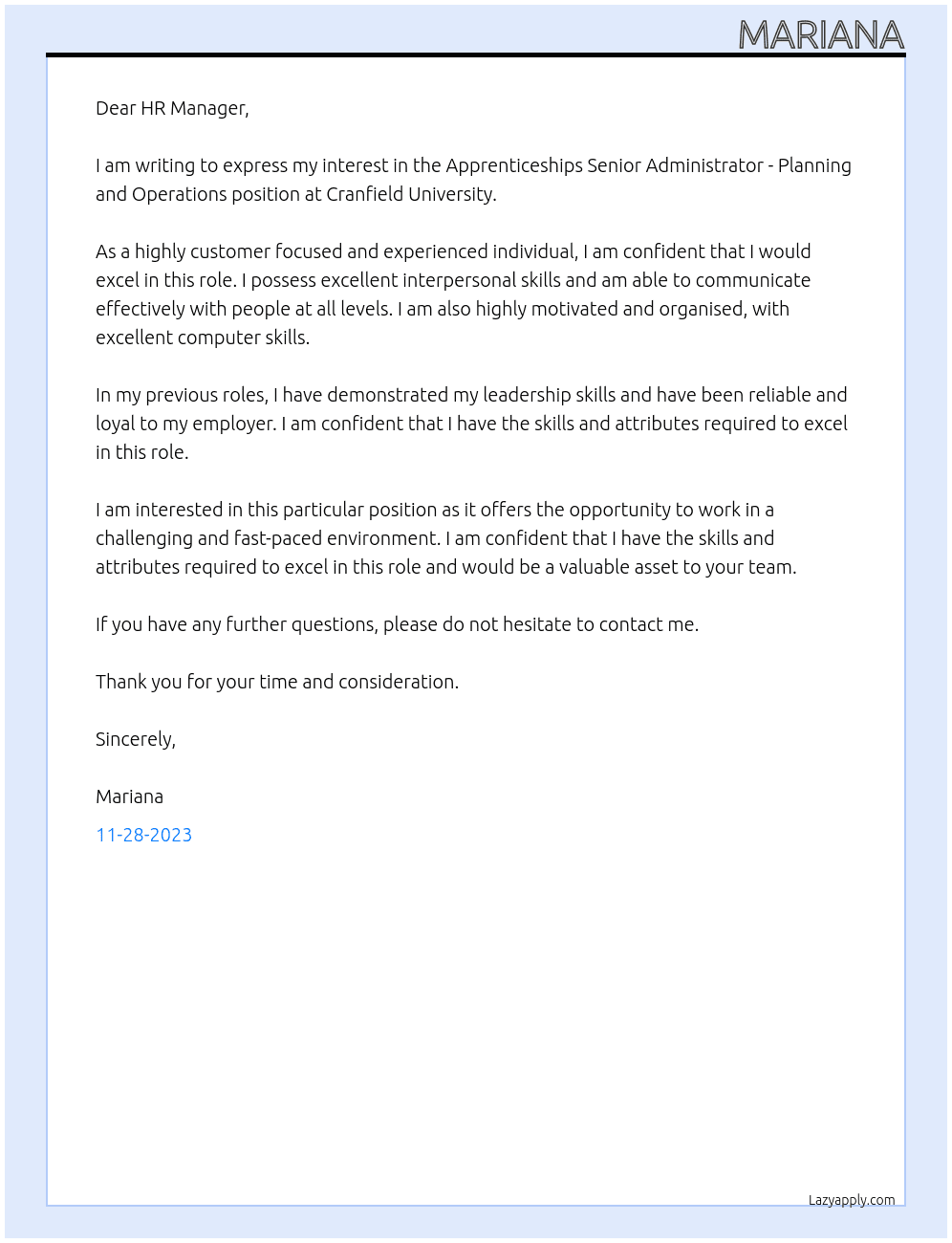 Apprenticeships Senior Administrator - Planning and Operations At Cranfield University Cover Letter
