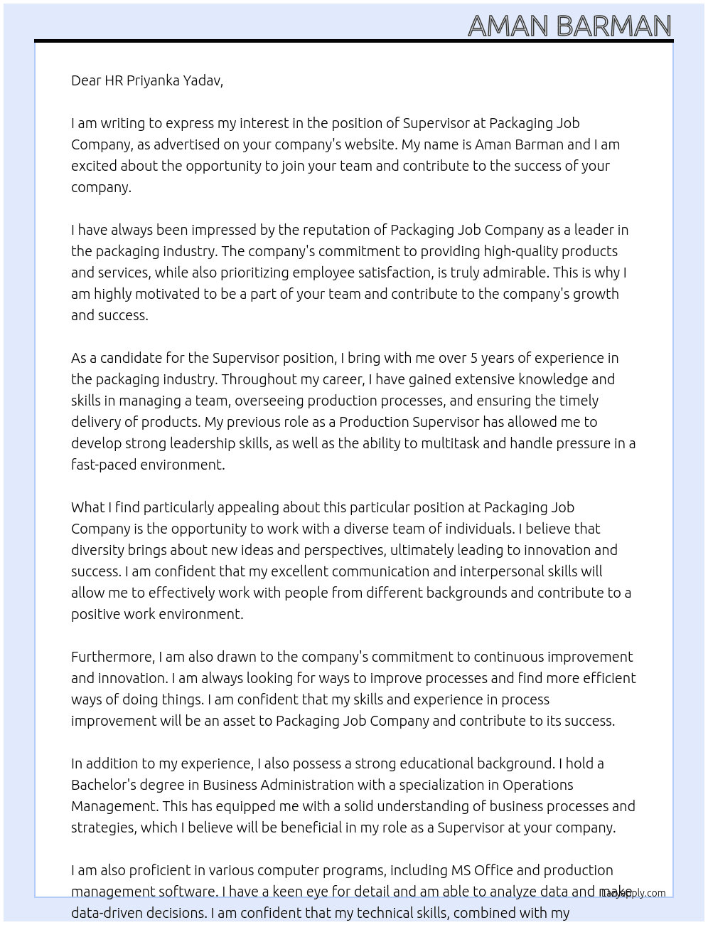 Supervisor At Packaging job company Cover Letter