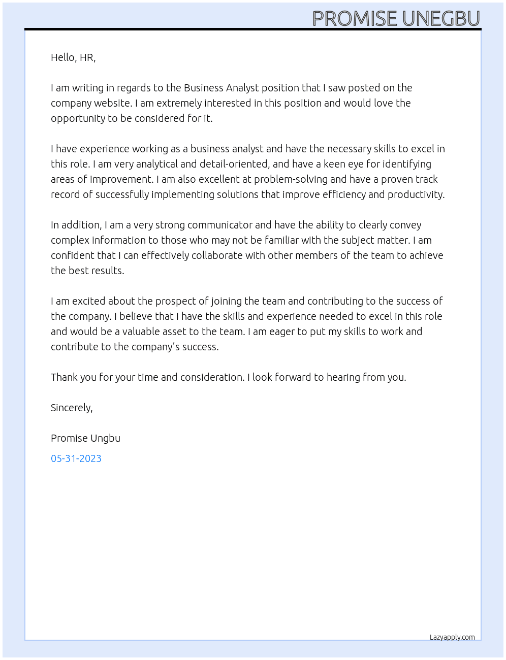 Business Analyst At promise unegbu Cover Letter