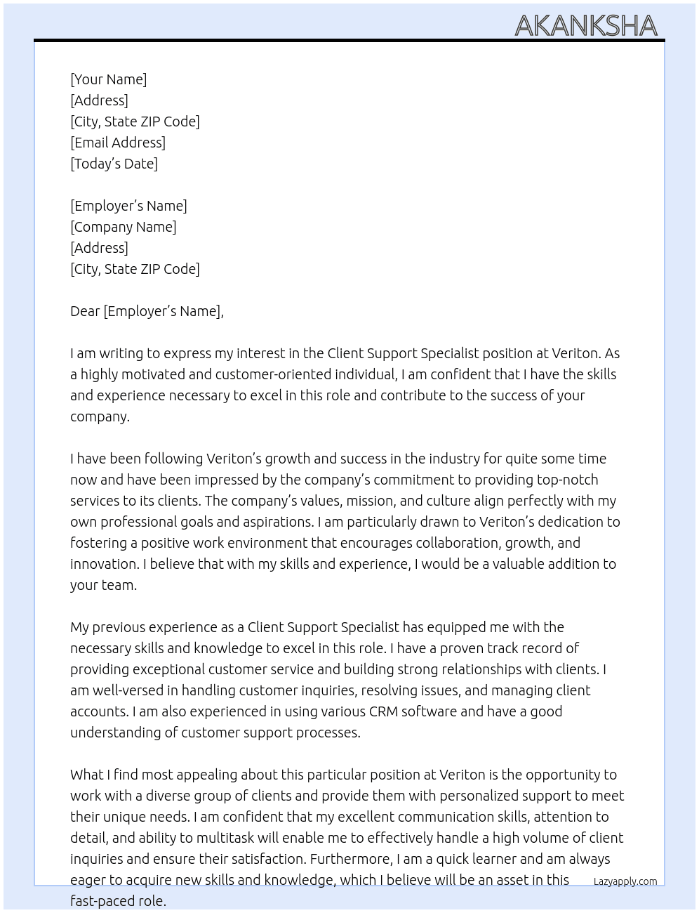 Client support specialist  At Veriton Cover Letter