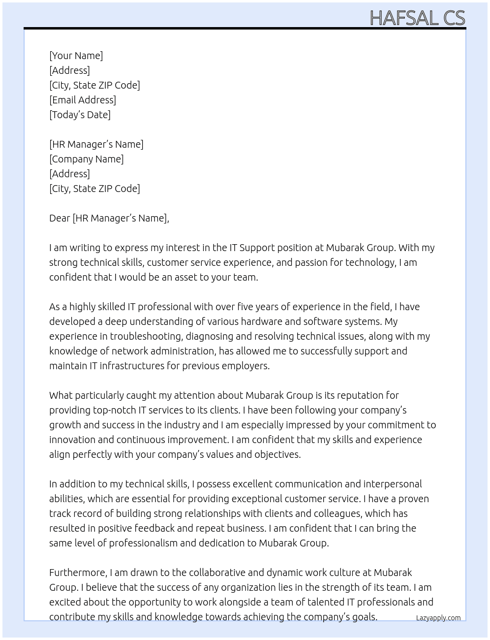 It support At Mubarak group Cover Letter