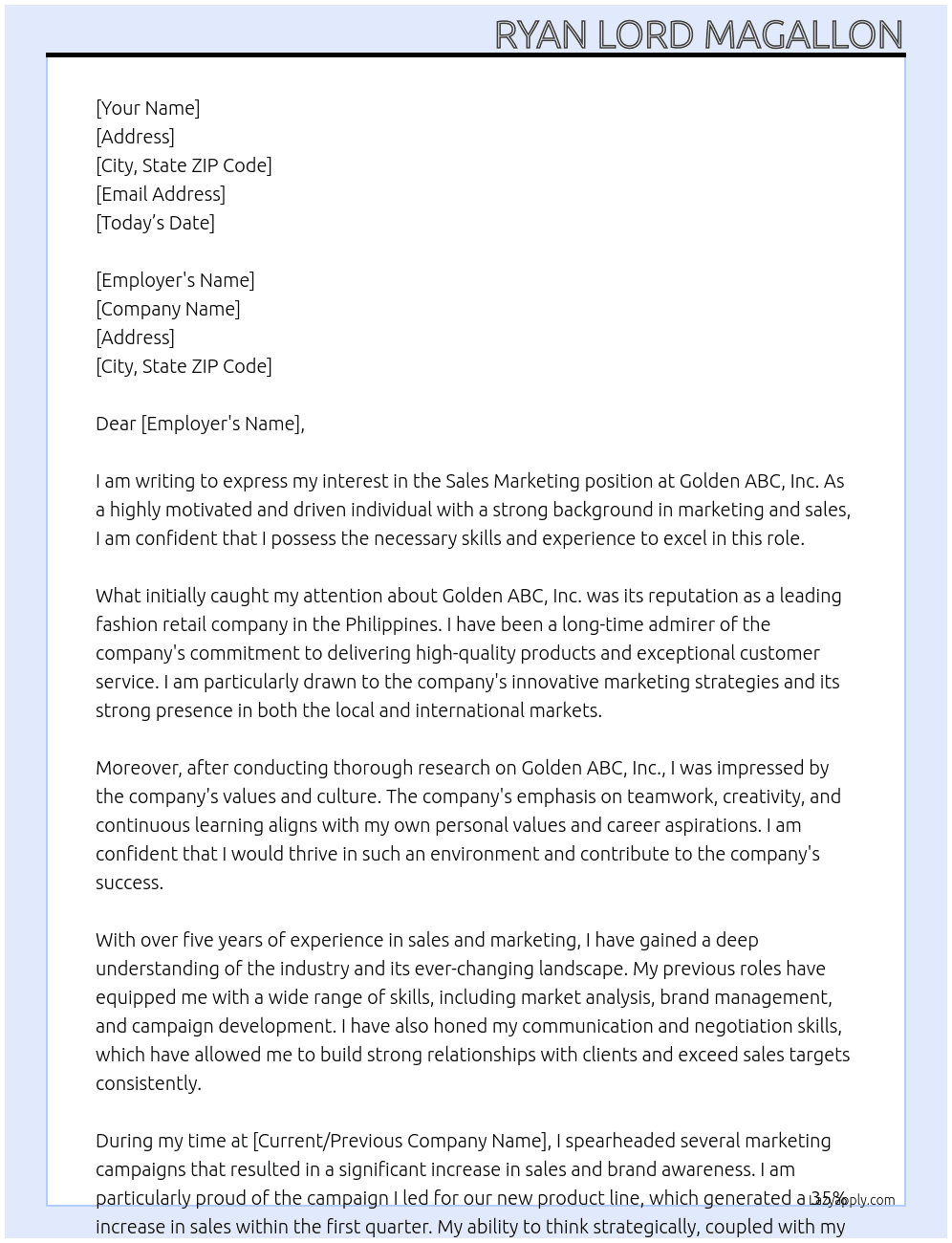 Sales Marketing At Golden ABC, Inc.  Cover Letter