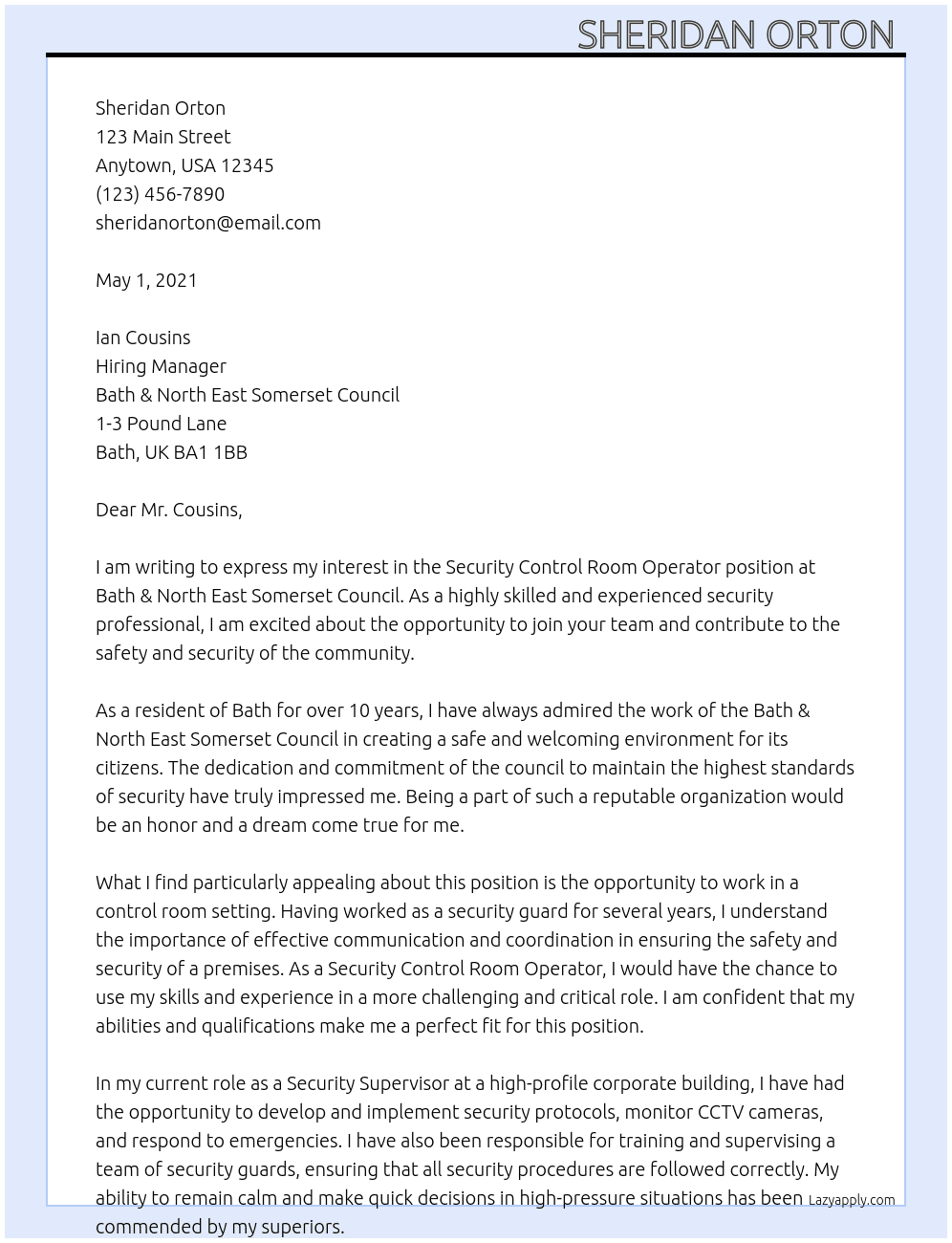 Security control room operator At Bath & north east Somerset council  Cover Letter