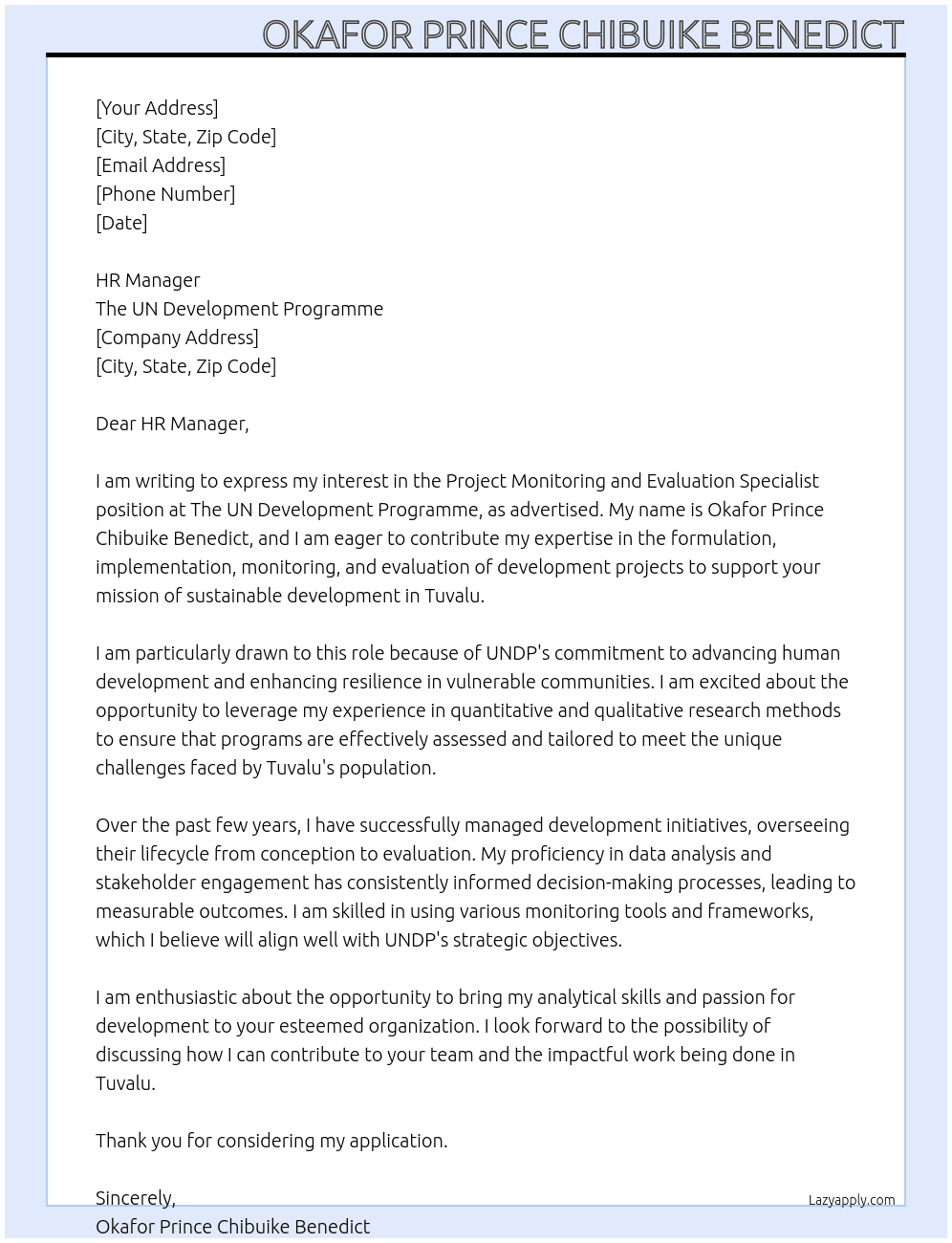 Project Monitoring and Evaluation Specialist At The UN Development Programme Cover Letter