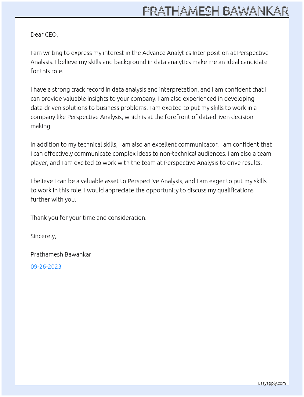 Advance Analytics Inter At Perspective Analysis Cover Letter