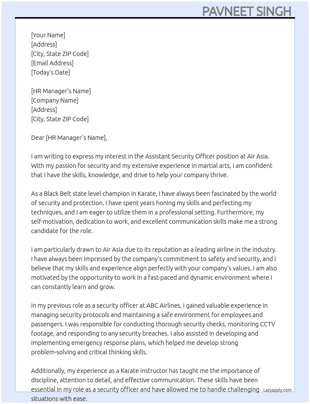 Assistant Security officer  At Air asia Cover Letter