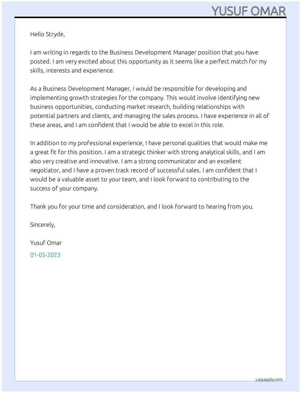 Business development manager At Stryde Cover Letter