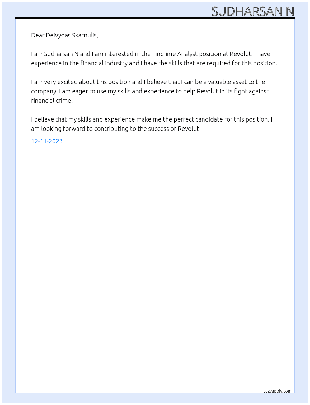 Fincrime Analyst  At Revolut  Cover Letter
