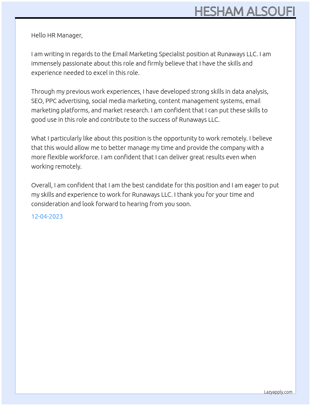 Email Marketing Specialist At Runaways LLC Cover Letter