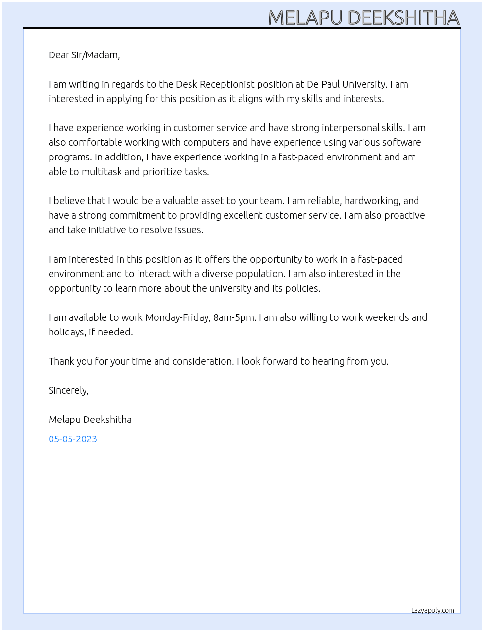 Desk Receptionists At De Paul University Cover Letter