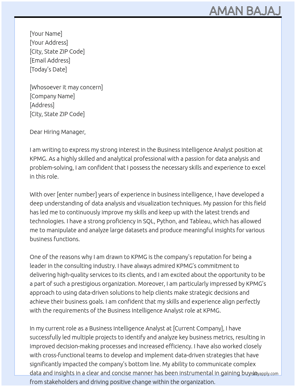 business intelligence analyst At KPMG Cover Letter