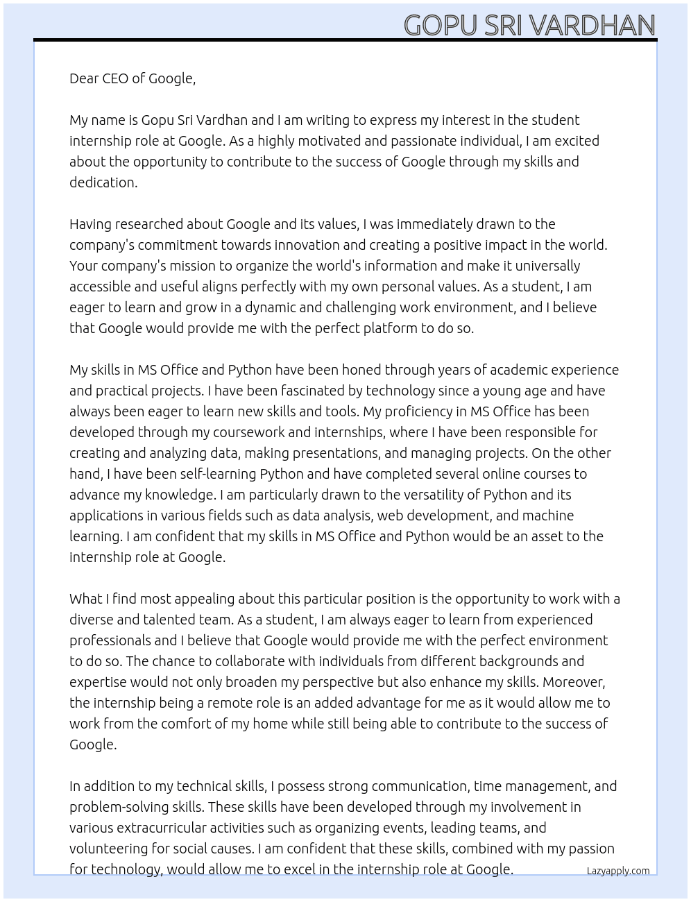 student At google Cover Letter