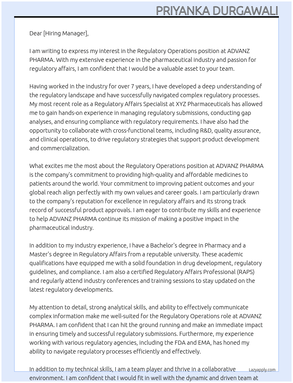 Regulatory Operations At ADVANZ PHARMA Cover Letter