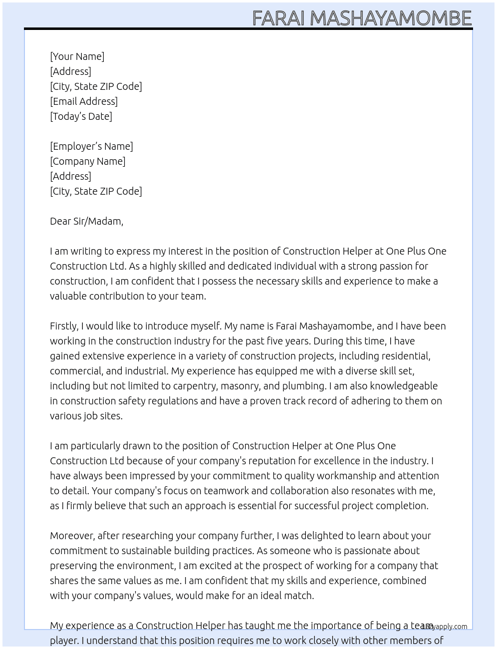 construction helper At One Plus One Construction Ltd Cover Letter