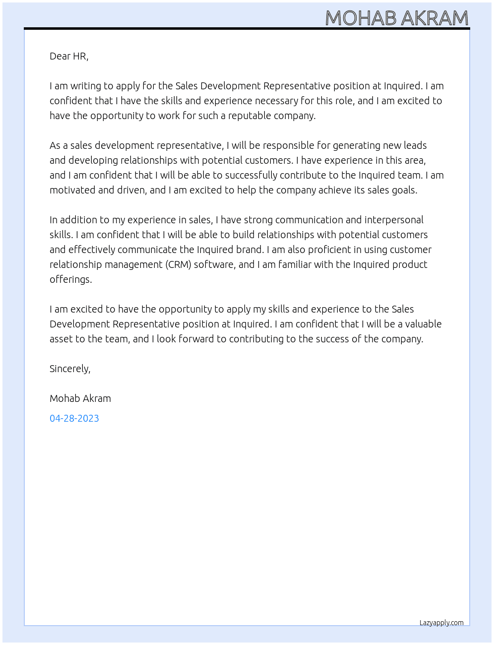 Sales development representative At Inquired  Cover Letter