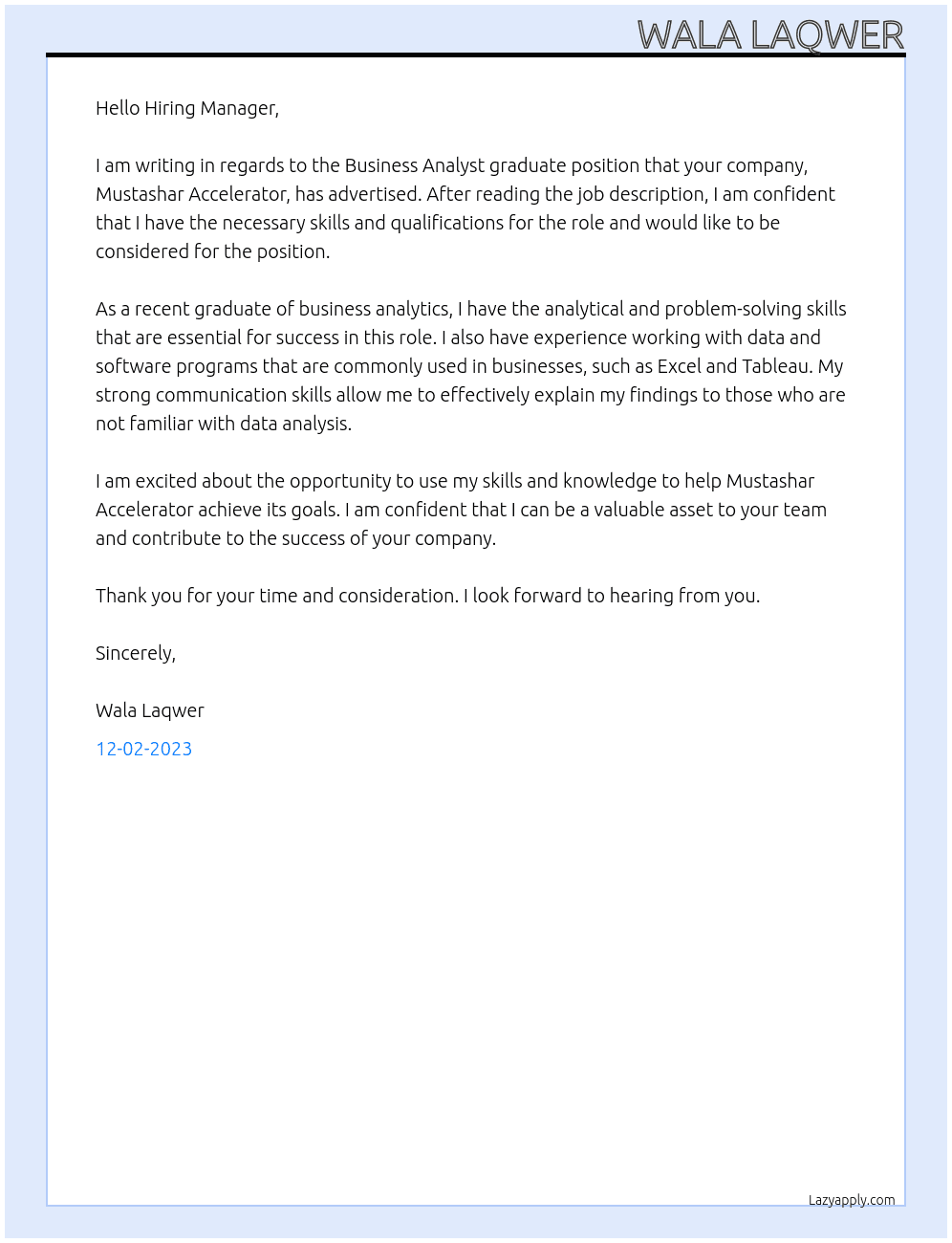 Business analysts graduate  At Mustashar Accelerator Cover Letter