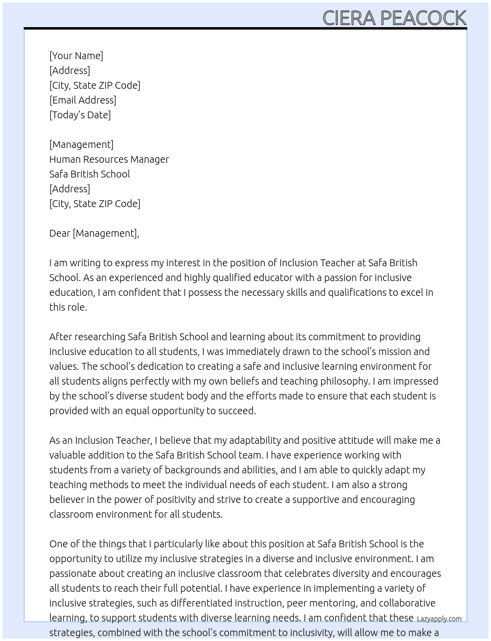 Cover letter for inclusion teacher - LazyApply