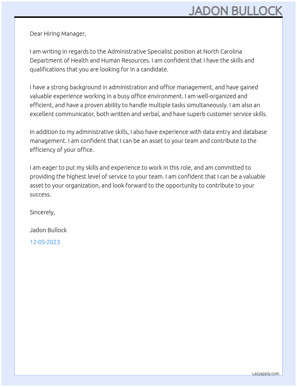 Administrative Specialist At North Carolina Department of Health and Human Resources  Cover Letter