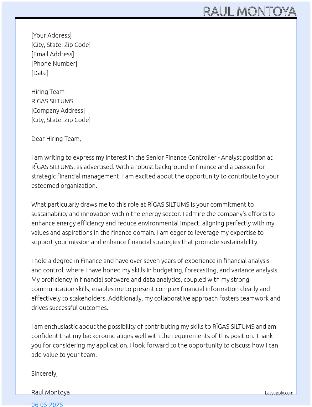 Senior Finance Controller - Analyst At RĪGAS SILTUMS Cover Letter