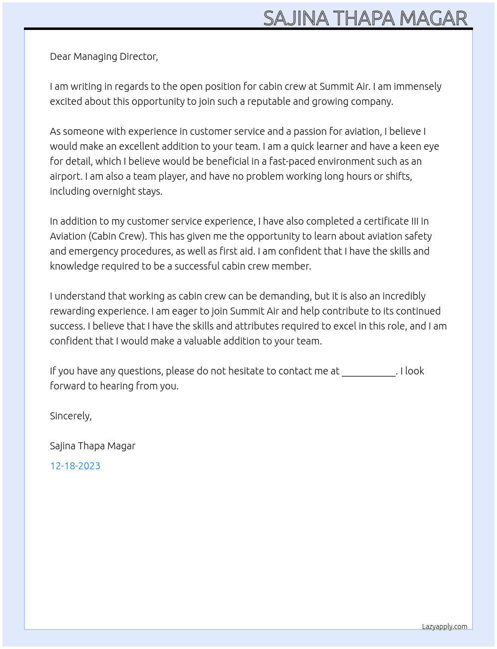 Cabin crew  At Summit air Cover Letter