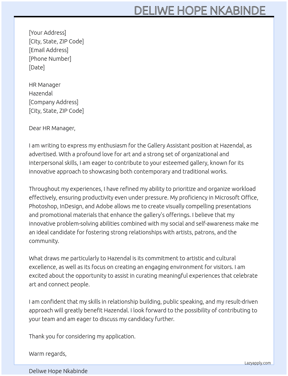 Gallery assistant  At Hazendal  Cover Letter