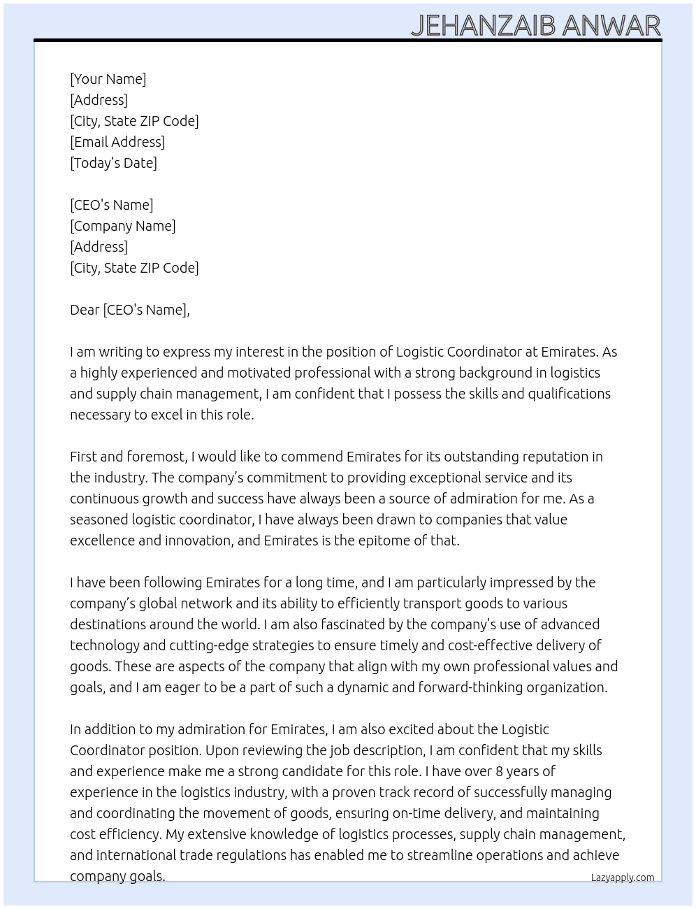 Logistic coordinator At Emirates Cover Letter