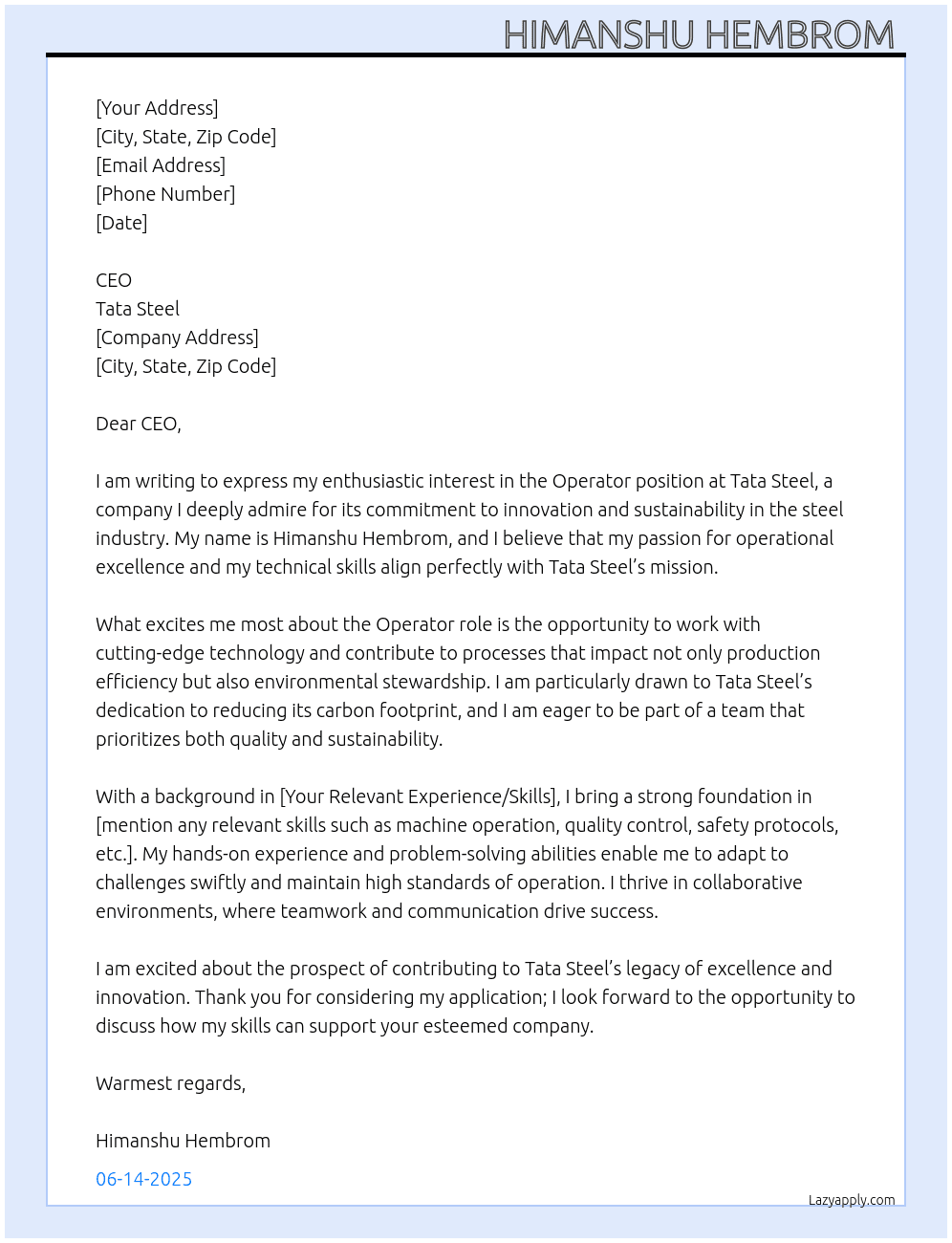 Operator  At Tata Steel  Cover Letter