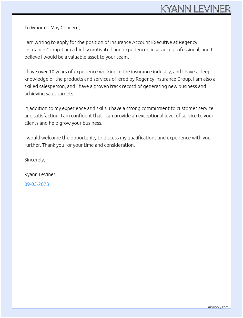 Insurance Account Executive At  Regency Insurance Group Cover Letter