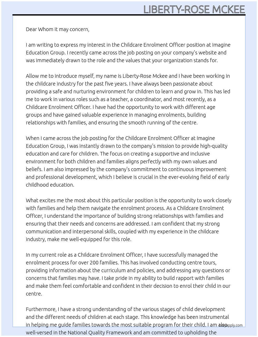 Childcare Enrolment Officer At Imagine Education Group Cover Letter