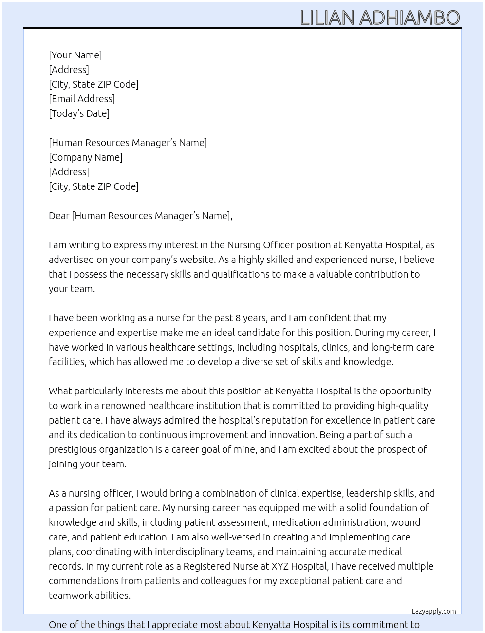 Nursing Officer  At Kenyatta Hospital  Cover Letter