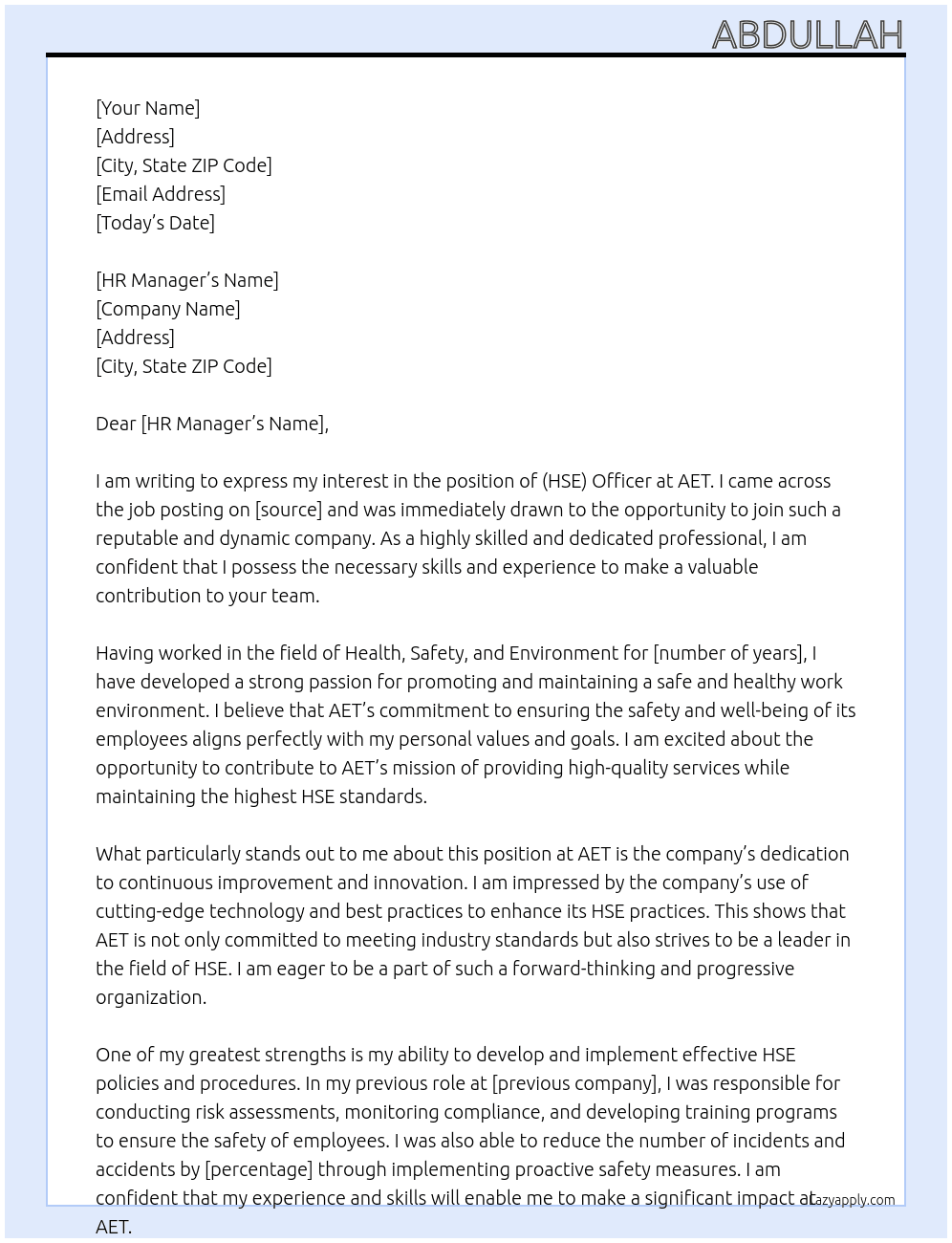 (HSE) Officer At AET Cover Letter