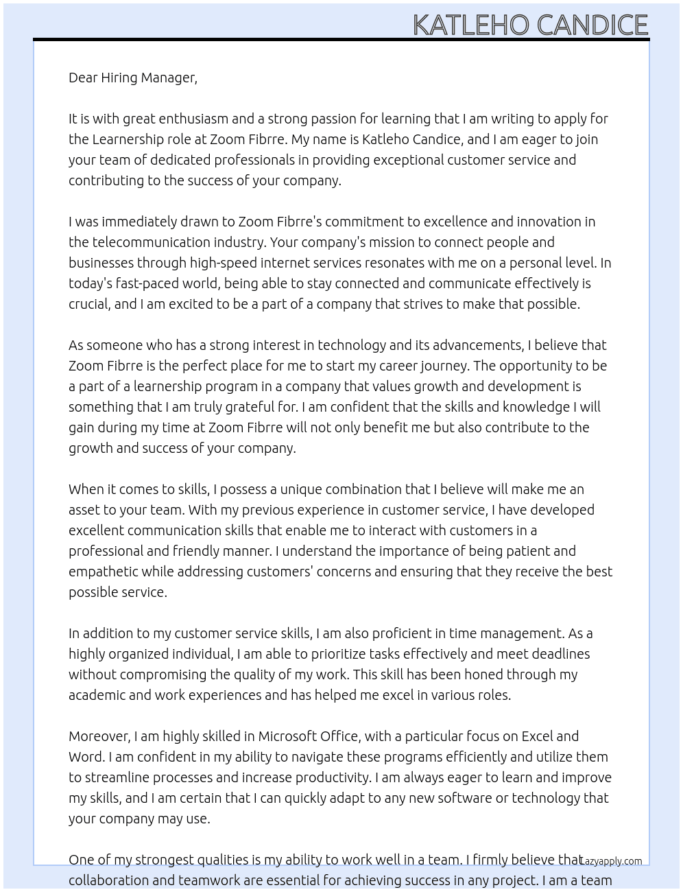learnership At Zoom Fibrre Cover Letter