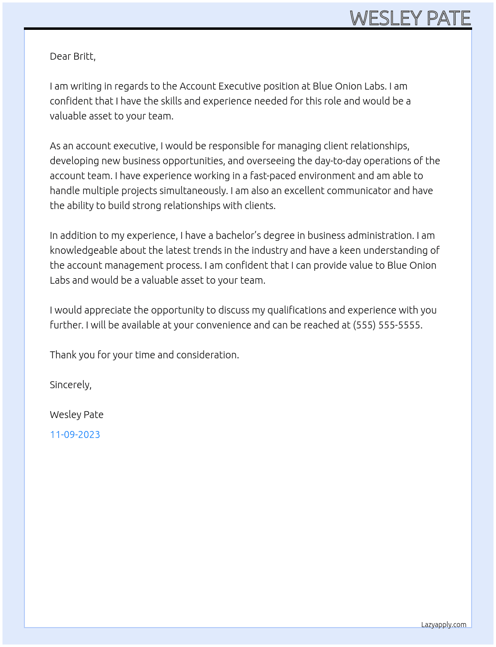 Account Executive At Blue Onion Labs Cover Letter