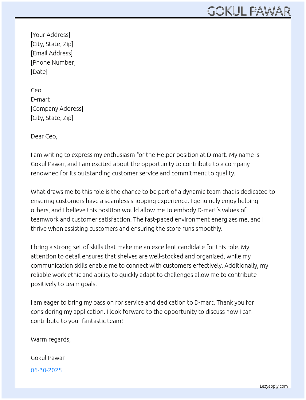 Helper At D-mart Cover Letter