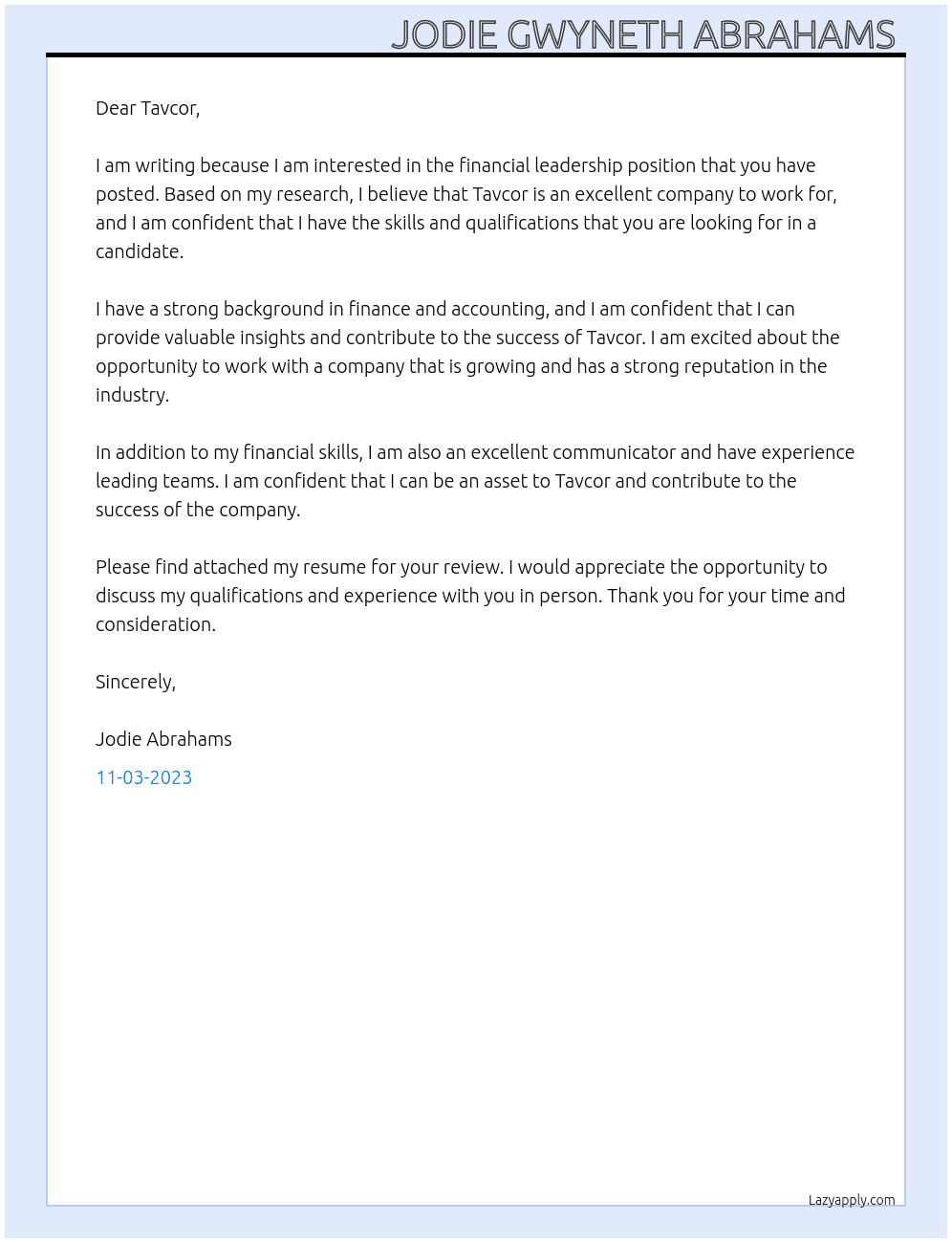 Financial leadership  At Tavcor Cover Letter