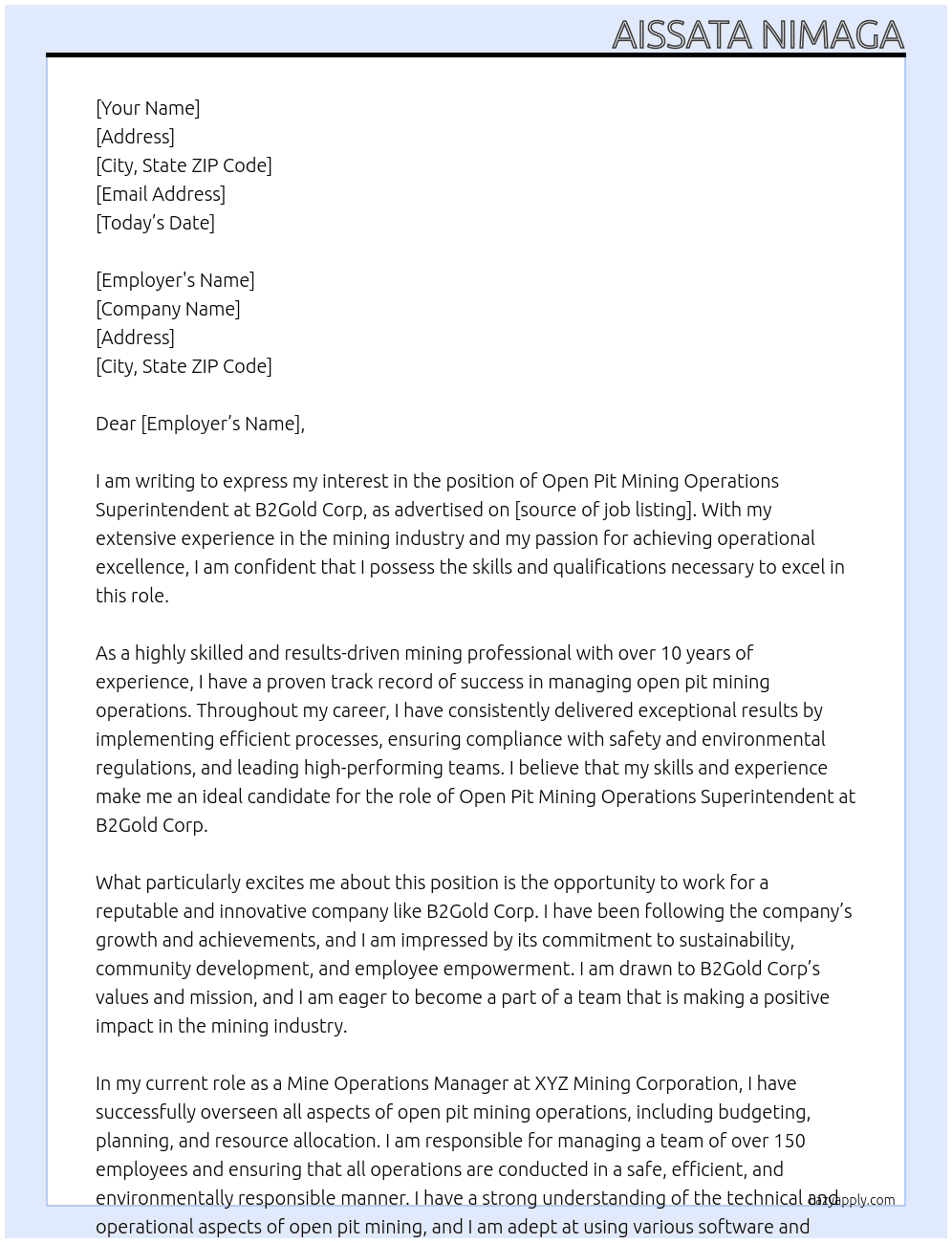 Open Pit Mining Operations Superintendent At B2Gold Corp Cover Letter